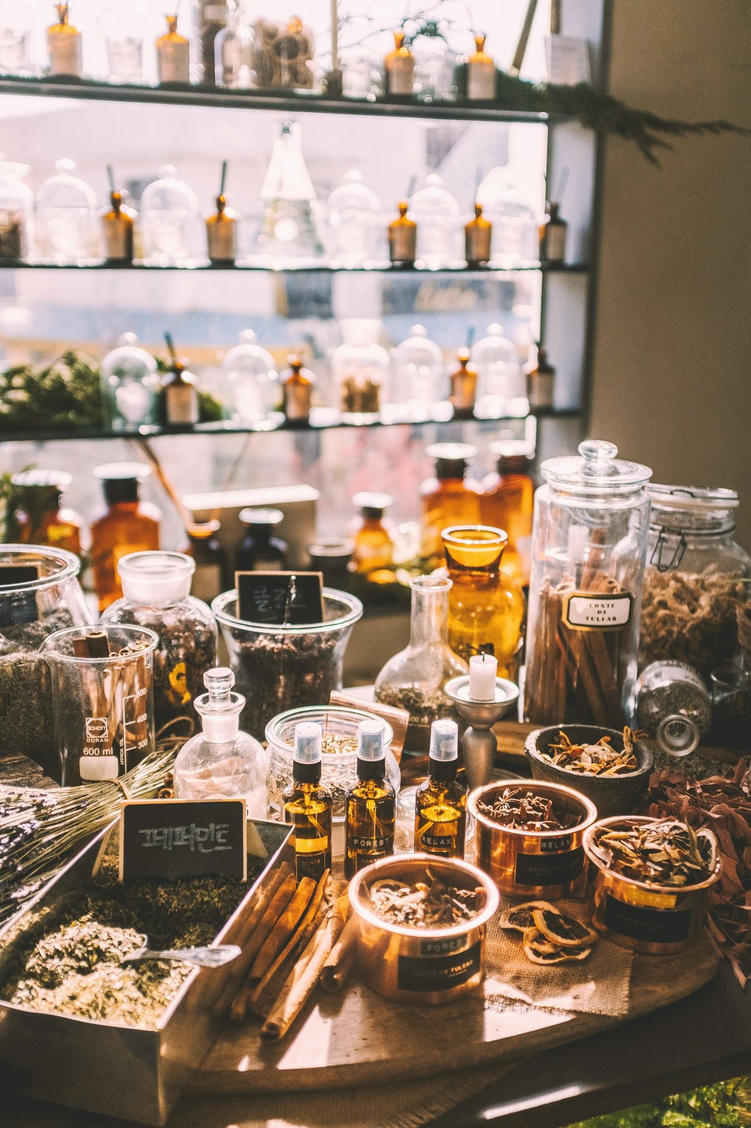An apothecary of amber bottles, glass jars, dried herbs, and botanical preparations in warm light
